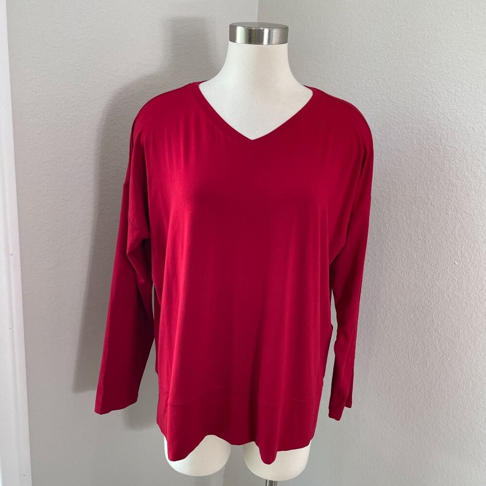 NEW Eileen Fisher‎ Womens Large Red V Neck Long Sleeve Box Top Stretch Shirt